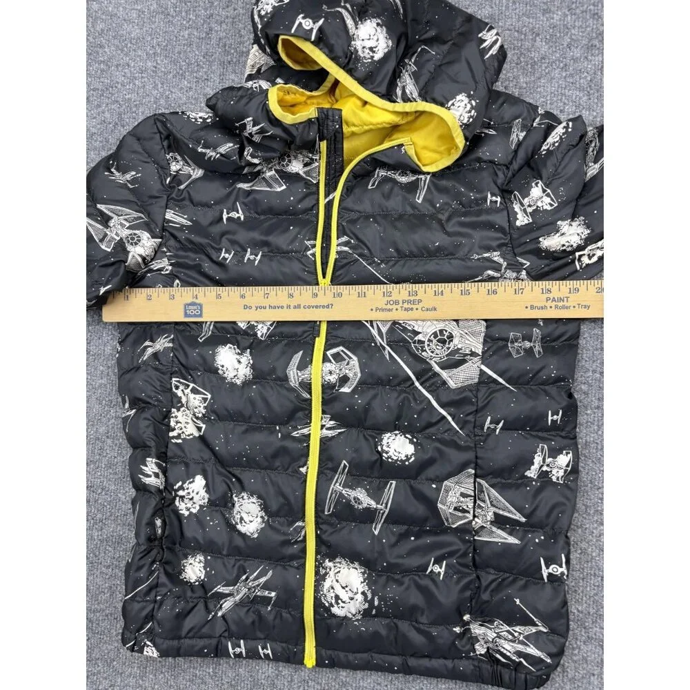 Uniqlo Star Wars Jacket Kids 12 Black Hooded Puffer Full Zip Yellow Lining‎